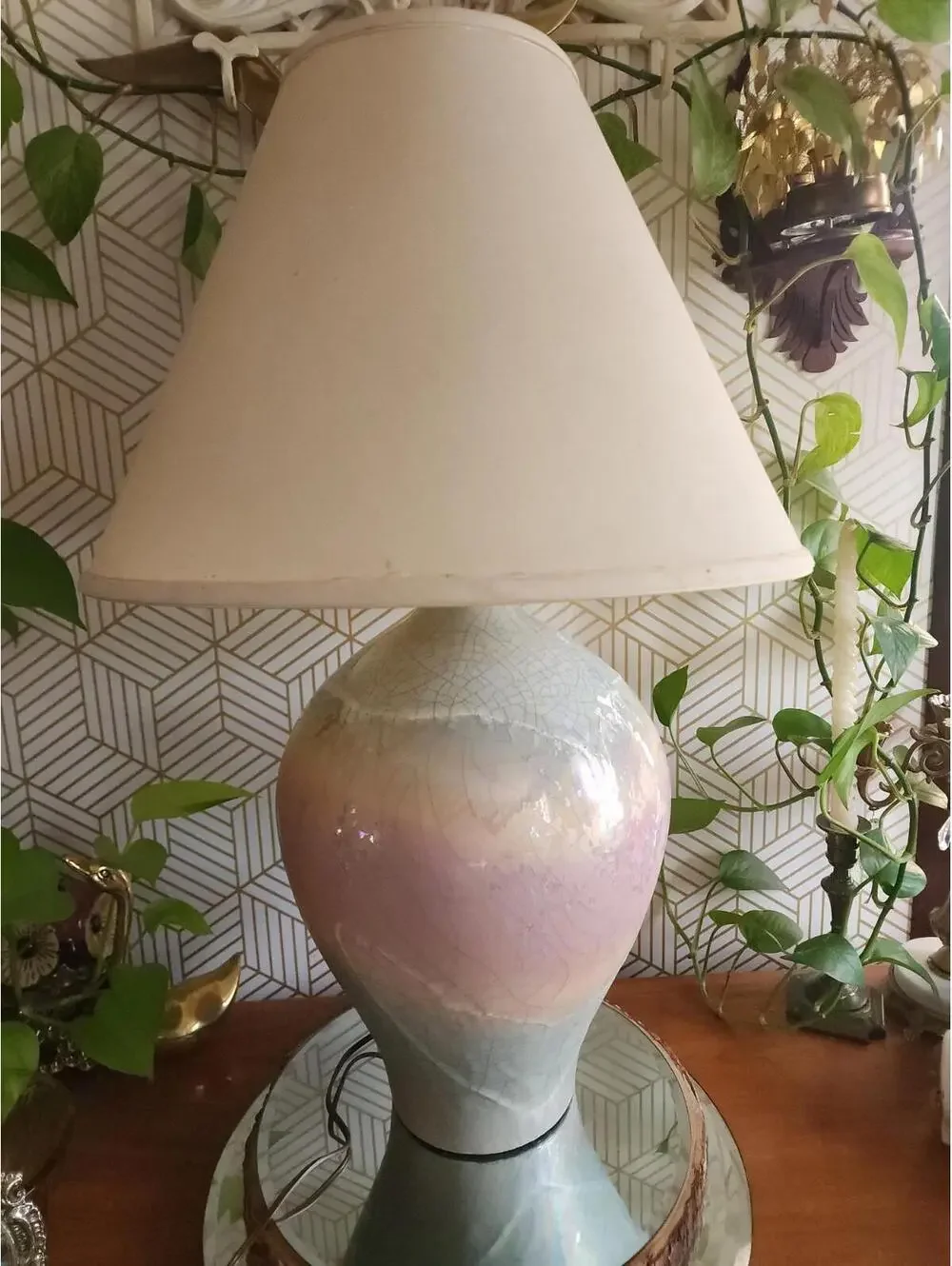 1980s Raku Glazed Ceramic Rainbow 3 way Table Lamp Made by Sunset Lamp Company